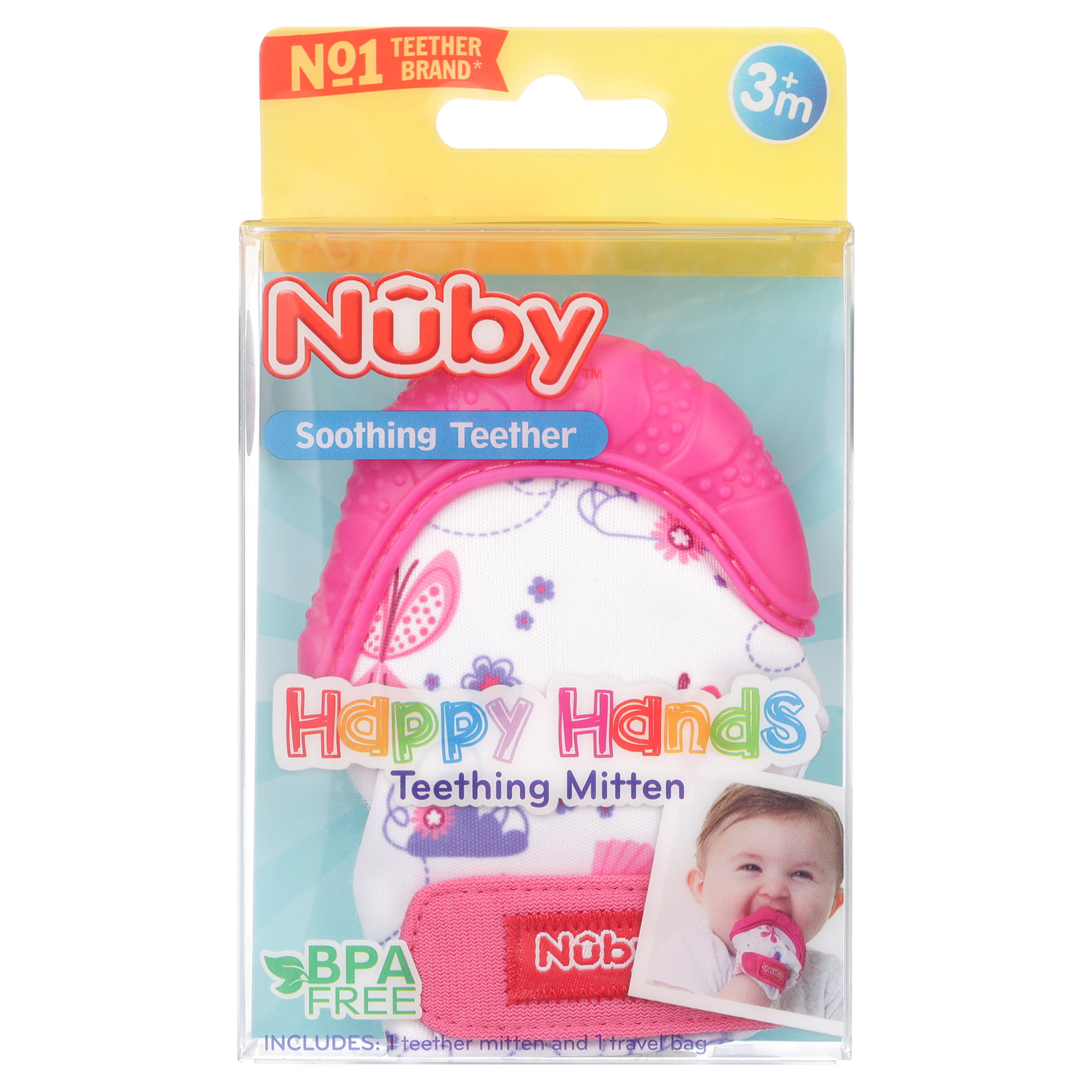 Aqual Owls Nuby Happy Hands Soothing Teething Mitten with Hygienic Travel Bag 