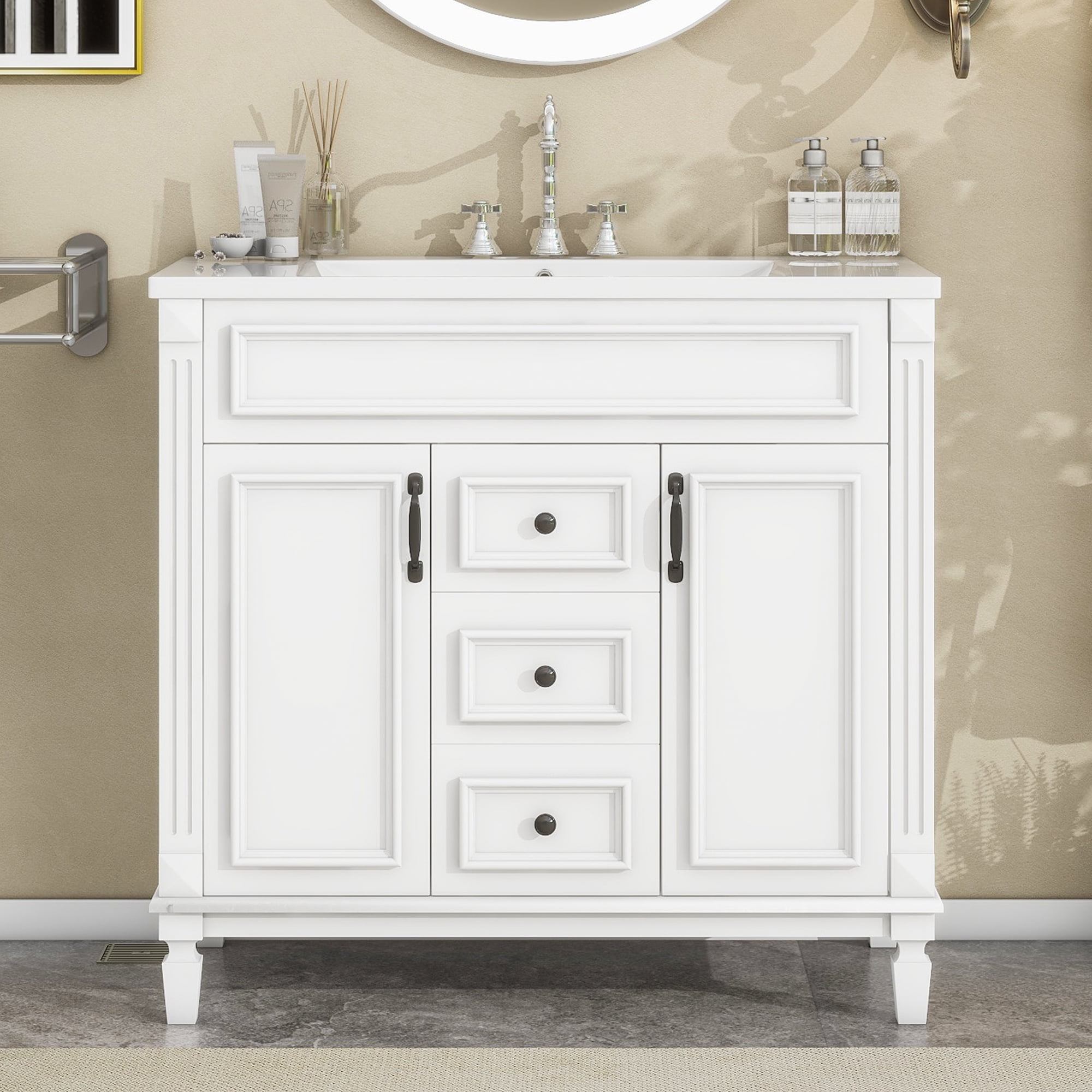 Euroco Modern Bathroom Vanity with Sink – 3-Hole Basin, Concealed Storage, Soft-Close Doors & Drawer – Freestanding Bathroom Cabinet with Water-Resistant Finish, Easy Assembly