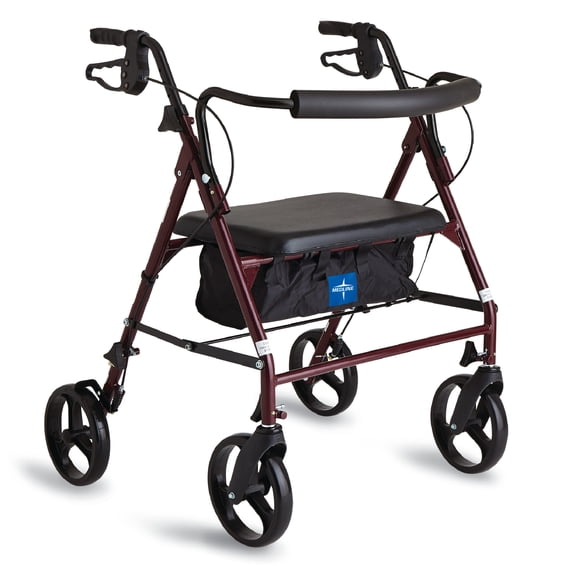 Medline Rolling Walker, Folding Rollator with Seat and 8 inch Wheels, Heavy Duty, Burgundy, 500-lb Weight Capacity, Steel