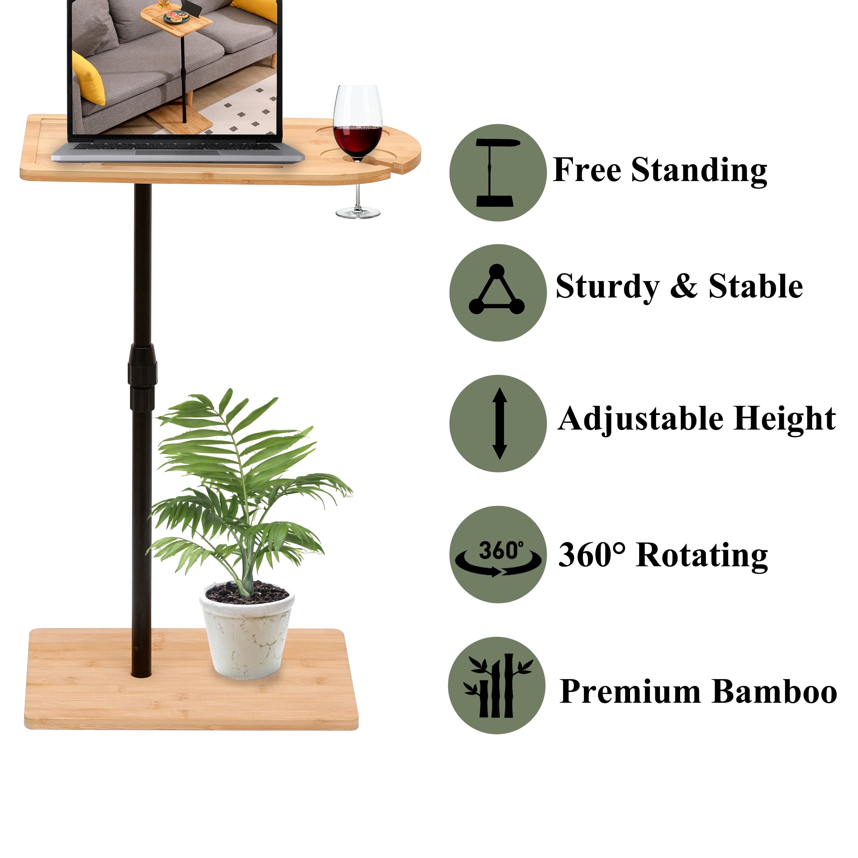 Yoneston Natural C-Shaped End Table Rotating Adjustable Height Couch Tray Table Bedside Table with Wine Slots & Phone Holder for Bed Sofa Bathtub, Oval