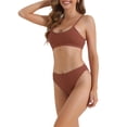 thumbnail image 4 of Conjuntos de bikini de tirantes ajustables para mujer de 2 piezas, parte inferior de cintura alta acanalada, trajes de baño, talla X-Small, rojo oscuro, 4 of 5