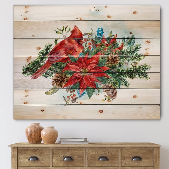 Designart 'Christmas Red Cardinal Bird and Poinsettia' Traditional Print on Natural Pine Wood