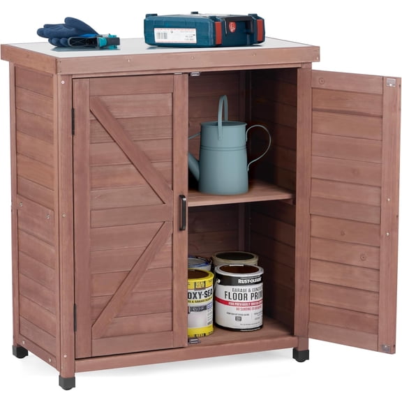 YEXJ Outdoor Potting Bench with Storage Cabinet and Metal Top, Wood Workstation for Outdoor Patio, Garden (Coffee Brown, 31x17x36‘’)