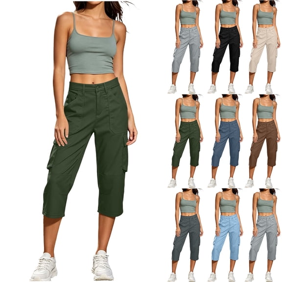 Horkkom Capri Cargo Pants for Women Button Zip Elastic Waist Pants Outdoor Casual Hiking Pants with Pockets L