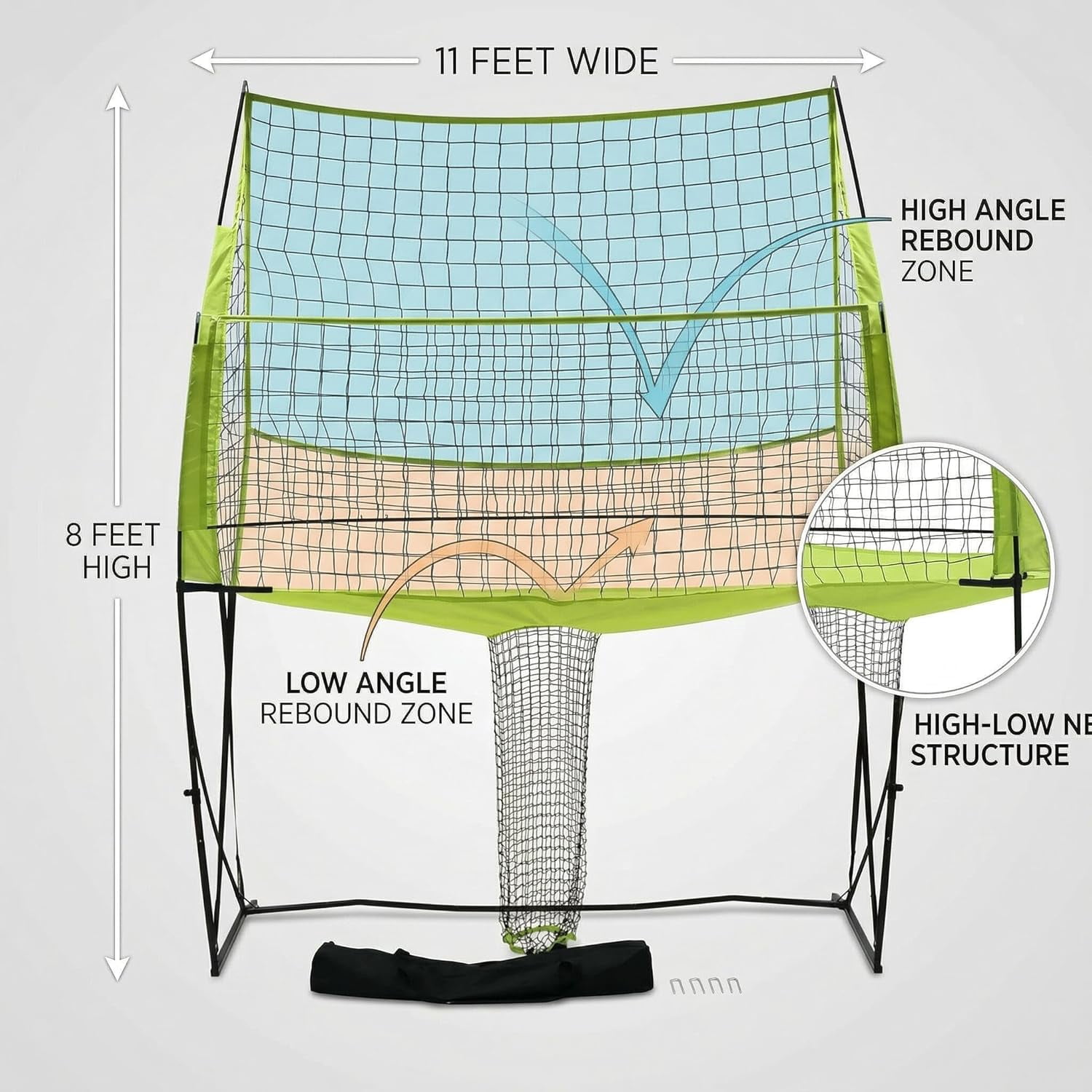 Portable Volleyball Practice Net System, Adjustable 8ft/7ft 3in/6ft 6in Heights, Steel Frame with Carry Bag, Green, Indoor & Outdoor