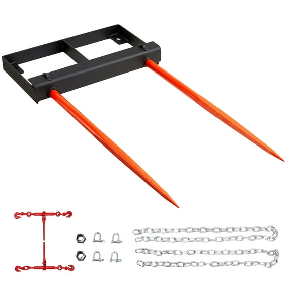 VEVOR 49" Hay Spear, Bale Spears 3000lbs Loading Capacity, Skid Steer Loader Tractor Bucket Attachment with 2pcs 17.5" Stabilizer Spears and 60" Chain, Quick Attach Spike Forks