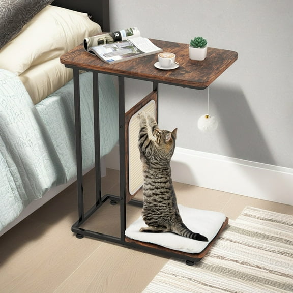 Pefilos 25" Cat Scratcher Furniture Side Table, Cat Scratching Tree with Scratching Board Prevents Furniture Damage, Brown