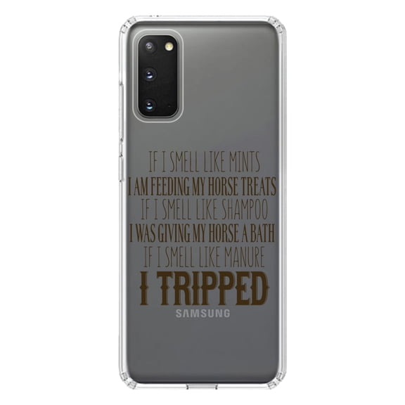 DistinctInk Clear Shockproof Hybrid Case for Galaxy S20 PLUS / 5G (6.7" Screen) - TPU Bumper Acrylic Back Tempered Glass Screen Protector - Smell Like Horse Treats, Shampoo, Manure