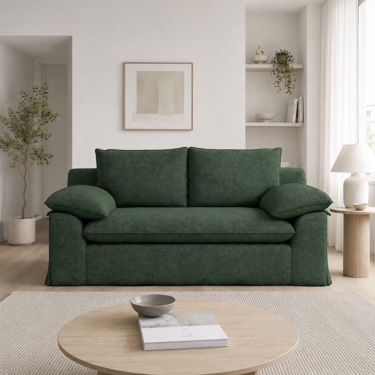 Modern Compression Loveseat Sofa with Removable Washable Cover,Deep Seat Linen Fabric Upholstered Couch with High-Density Foam for Living Room,Apartmen,No Assembly Required,Green