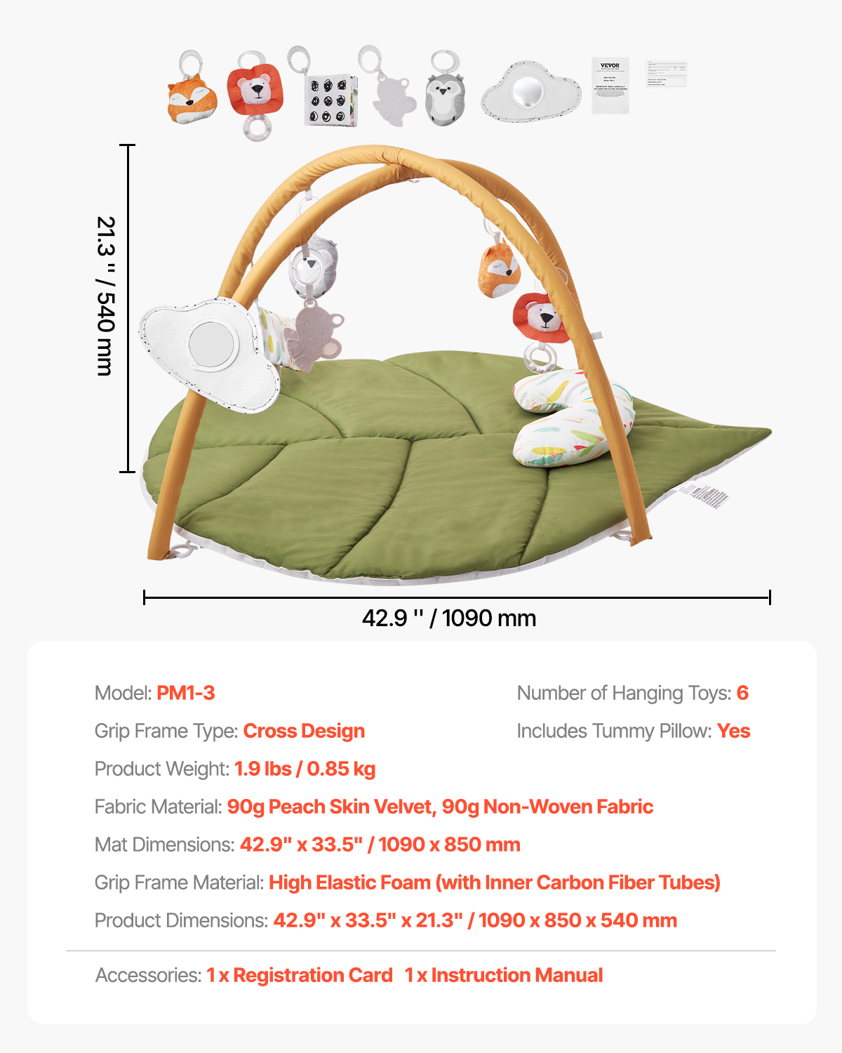 VEVOR Baby Play Gym Mat, Baby Activity Mat with 6 Sensory Toys, Oversize Leaf-Shaped Tummy Time Mat for 0-18 Months Newborn Infant, Baby Essential Gift for Motor Skills & Early Cognitive Development