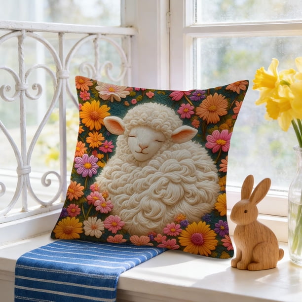 CaiYueKe Easter Rabbit Floral Pillow Cover - Sofa Cushion Case Home Decor Throw Pillow for Living Room Couch Bedroom Outdoor Indoor Decorative Accent Spring Holiday Farmhouse Decor