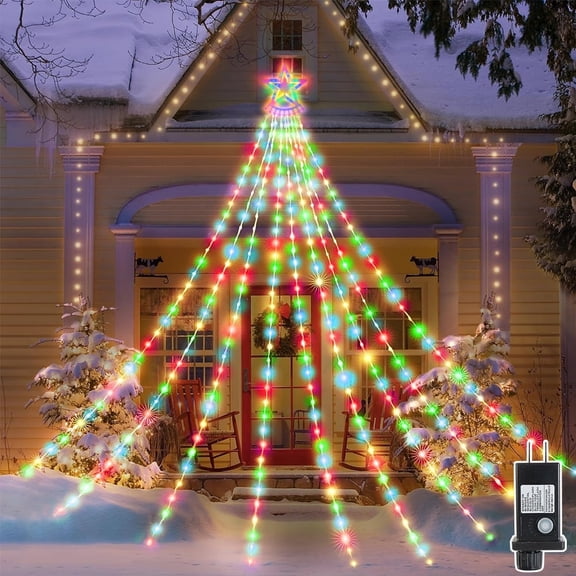 Uncahome Christmas Lights with Star, 350 LED 25.8FT Star Waterfall String Christmas Fairy Lights with 8 Modes for Outdoor & Indoor Decoration, Multicolor