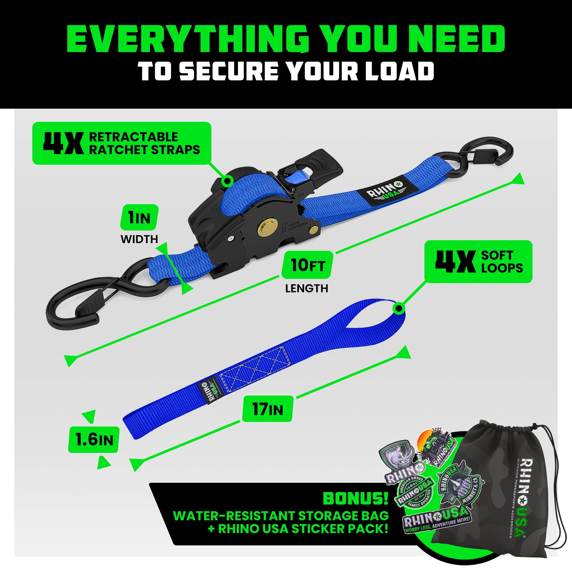 Rhino USA 1" x 10' Retractable Ratchet Straps 1,209lb Break Strength (Blue 2-Pack)