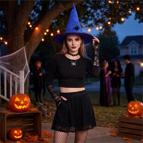 Spider Web Pattern Witch Hat Lace Trim Design Halloween Role Play Costume Prop Blue One Size