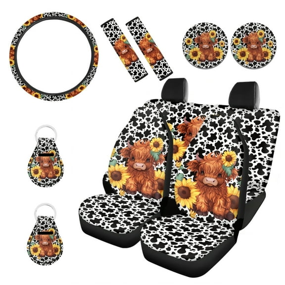Renewold Highland Cow Sunflower 11 Pieces Car Front Back Seat Covers for Women Non-Slip Breathable Black Cow Print Seat Protector Steering Wheel Covers, Seat Belt Strap Covers Car Coasters Keychain
