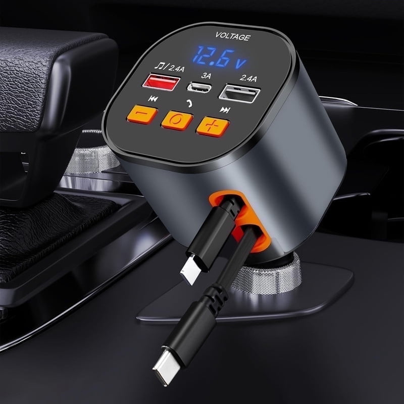 Retractable Car Charger with Bluetooth 5.0 FM Transmitter Adapter, 90W Fast Charging Dual Retractable Cords, Handsfree Call Car Charger for iPhone 16/15/14/13, MP3 Player Support USB Disk