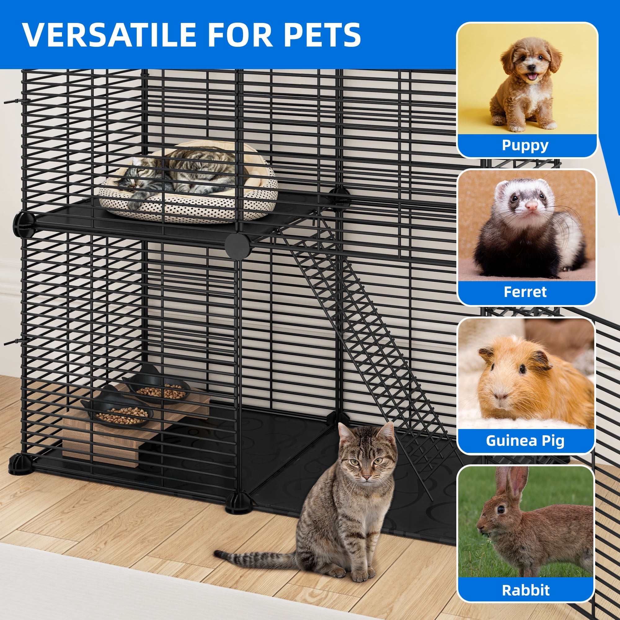 Uforic 2 Tier Indoor Cat Cage,28" Cat Enclosure DIY Cat Playpen for 1-2 Cats,28"L x 14"W x 28"H,Black
