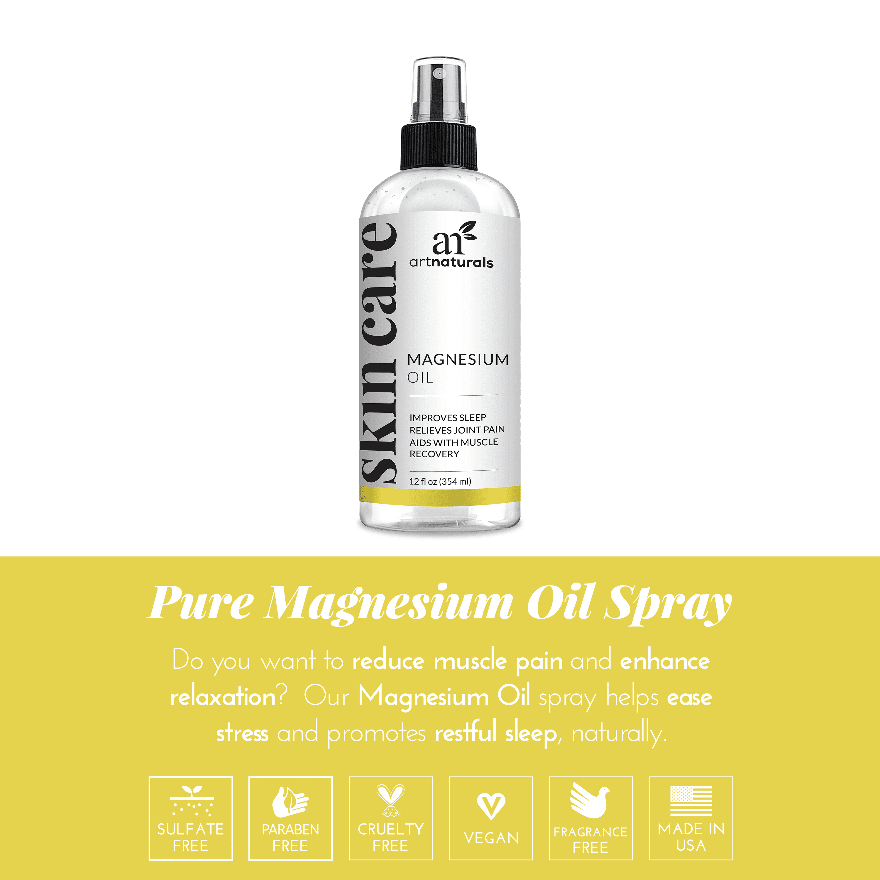 Artnaturals Pure Magnesium Oil Spray For Migraines, Sore Muscle, Stress, Anxiety, Period Pains and Sleep Aid (12 Fl Oz / 355ml) - Walmart.com - Walmart.com Artnaturals Pure Magnesium Oil Spray For Migraines, Sore Muscle, Stress, Anxiety, Period Pains and Sleep Aid (12 Fl Oz / 355ml) - Walmart.com - Walmart.com