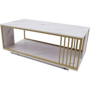 Miumaeov Marble Coffee Table Modern Living Room Table with Gold Metal Frame and Storage Shelf, 2 Tier Living Room Center Table for Home Furniture Office Decor