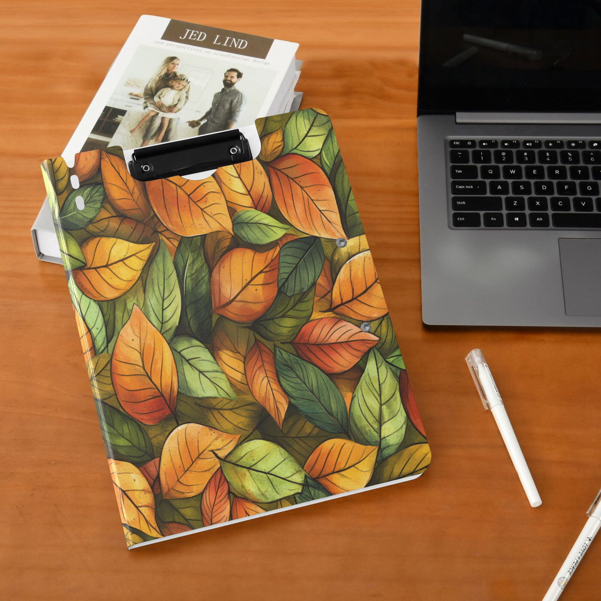 FORMRS A4 Clipboard Folder with Pen Holder Horizontal Foldable School Office Binder, Green Retro Leaves