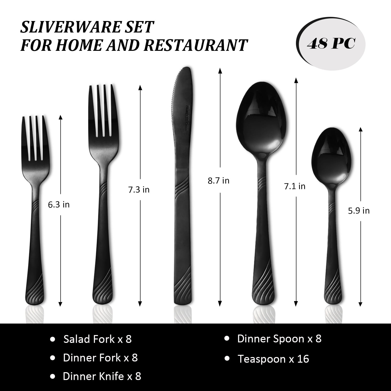 KitchenTrend Swirl 48 Piece Stainless Steel Flatware, Tableware Cutlery Set for Home Restaurant Black