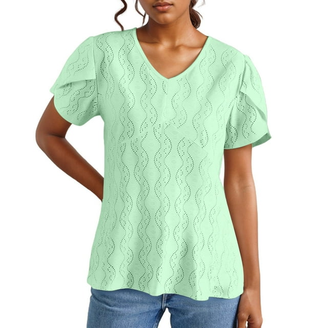 T-shirt Décontracté à Manches Courtes Col en V Couleur Unie Printemps Été pour Femmes