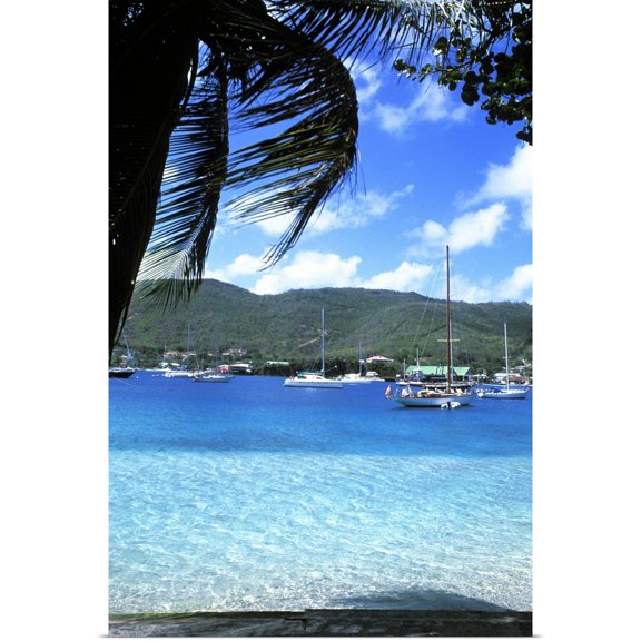 Great BIG Canvas | Rolled Bill Bachmann Poster Print entitled Harbor, palms, blue water at Port Elizabeth in Bequia, Grenadines