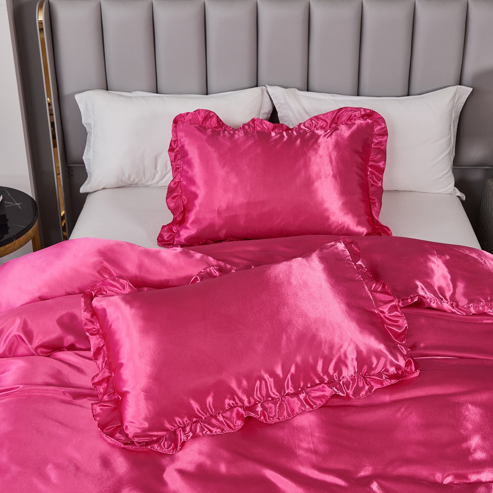 Move Over Hot Pink Ruffle Comforter Set King Satin Comforter Set Hot Pink Ruffle Design Solid Filling