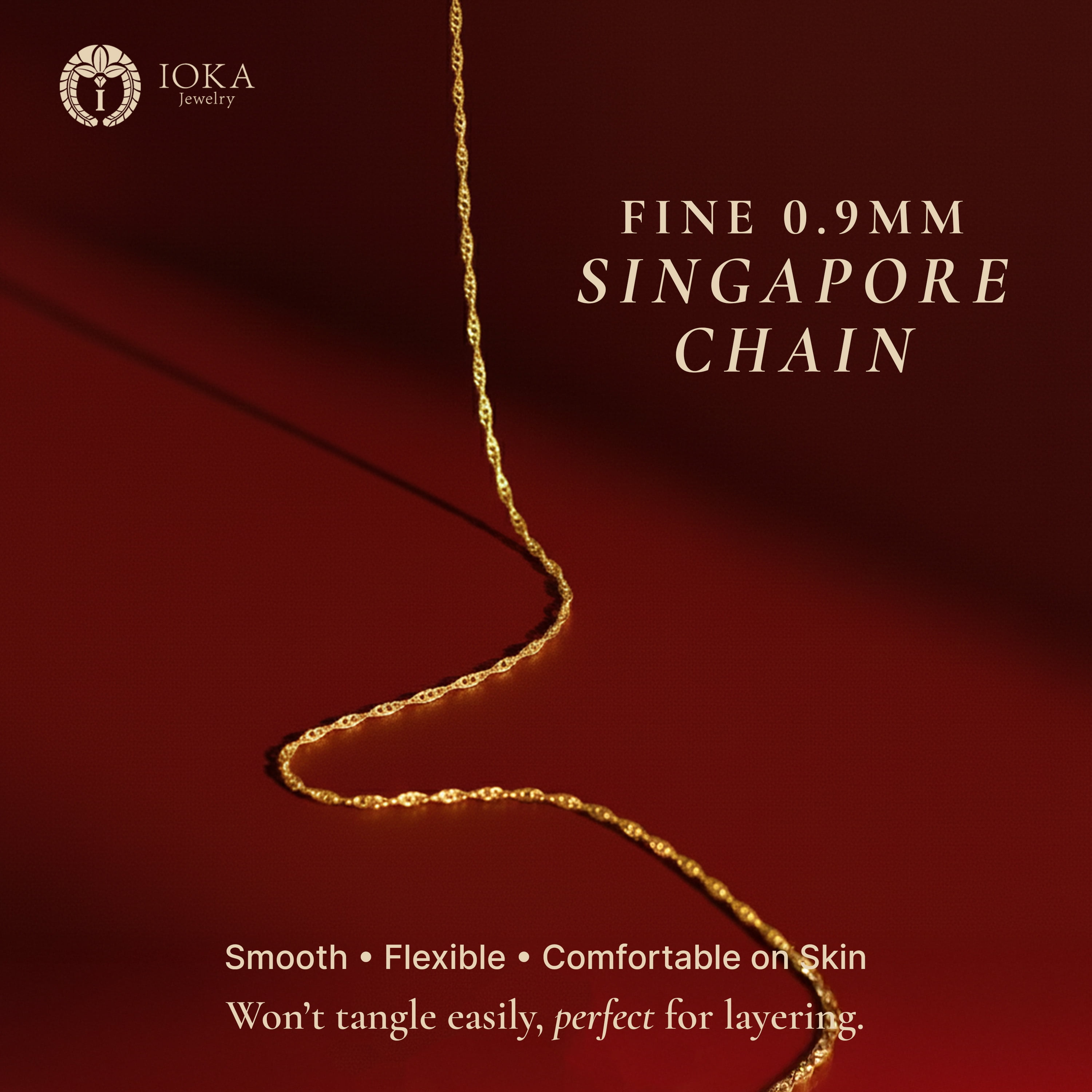 Ioka - 14K Yellow Solid Gold 0.9mm Singapore Chain Necklace with Spring Ring Clasp - 18"