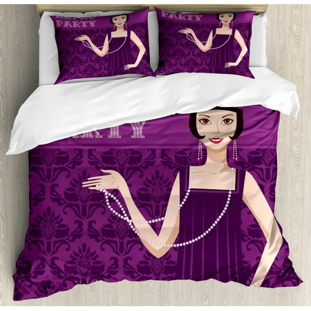 Pin up Girl Queen Size Duvet Cover Set, 20s Style Short Hair Flapper Girl with Necklace and Hair Band, Decorative 3 Piece Bedding Set with 2 Pillow Shams, Pale Peach Purple and Plum, by