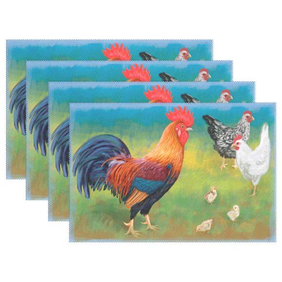 WOOR Napperons Coq avec Poules pour Table à Manger Résistants à la Chaleur Décoration de Table de Cuisine Lavables Ensemble de 4