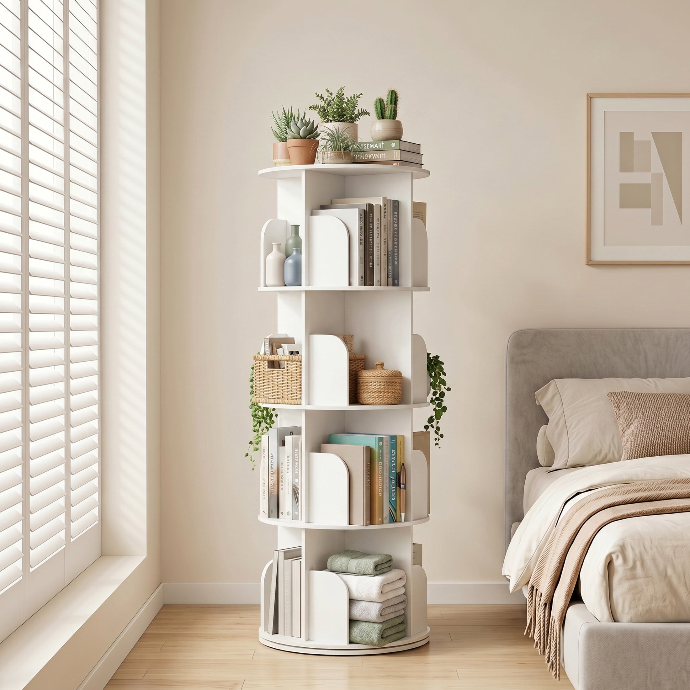 Gianna 4 Tier Rotating Bookshelf, 360 Display Floor Standing Bookcase Storage Rack, White