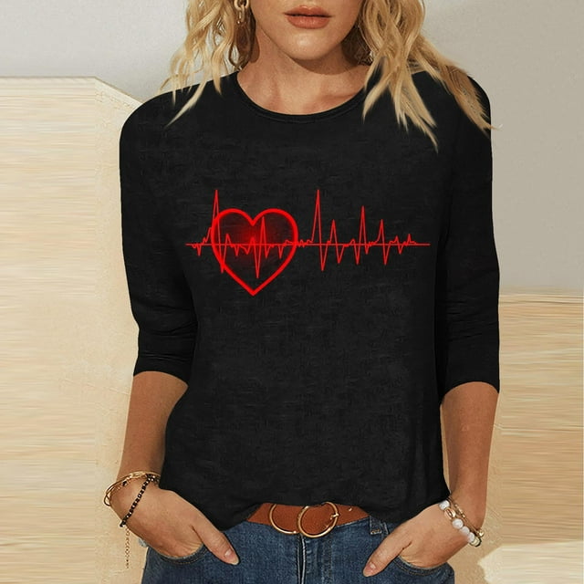 RKSTN Valentines Gifts 3/4 Length Sleeve Womens Tops Oversized Crewneck Valentine's Day Graphic Printed Short Sleeve T Shirt Womens Casual Round Neck Loves Heart Print Three Quarter Sleeve Shirts