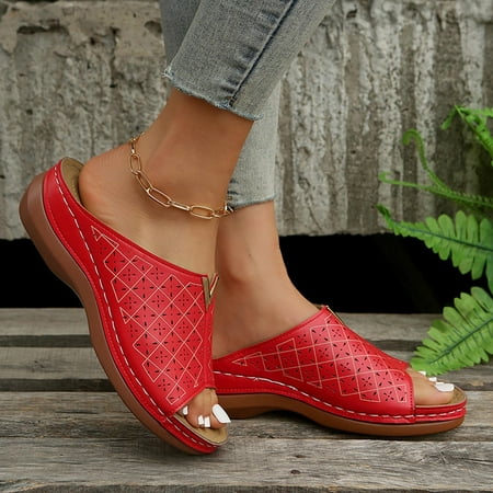 

Xysaqa Women Slide Wedge Slide Sandals Summer Fashion Casual Slip On Heeled Sandals Dressy Red