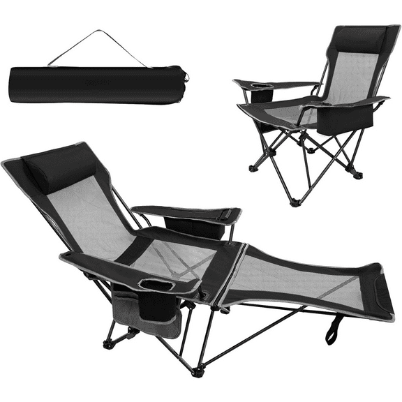 Reclining Camping Chair 4 Position with Foot Rest Comfortable for Adults 265Ibs Folding Lounger Mesh Beach Chair with Cooler Bag and Cup Holder for Outdoor Patio