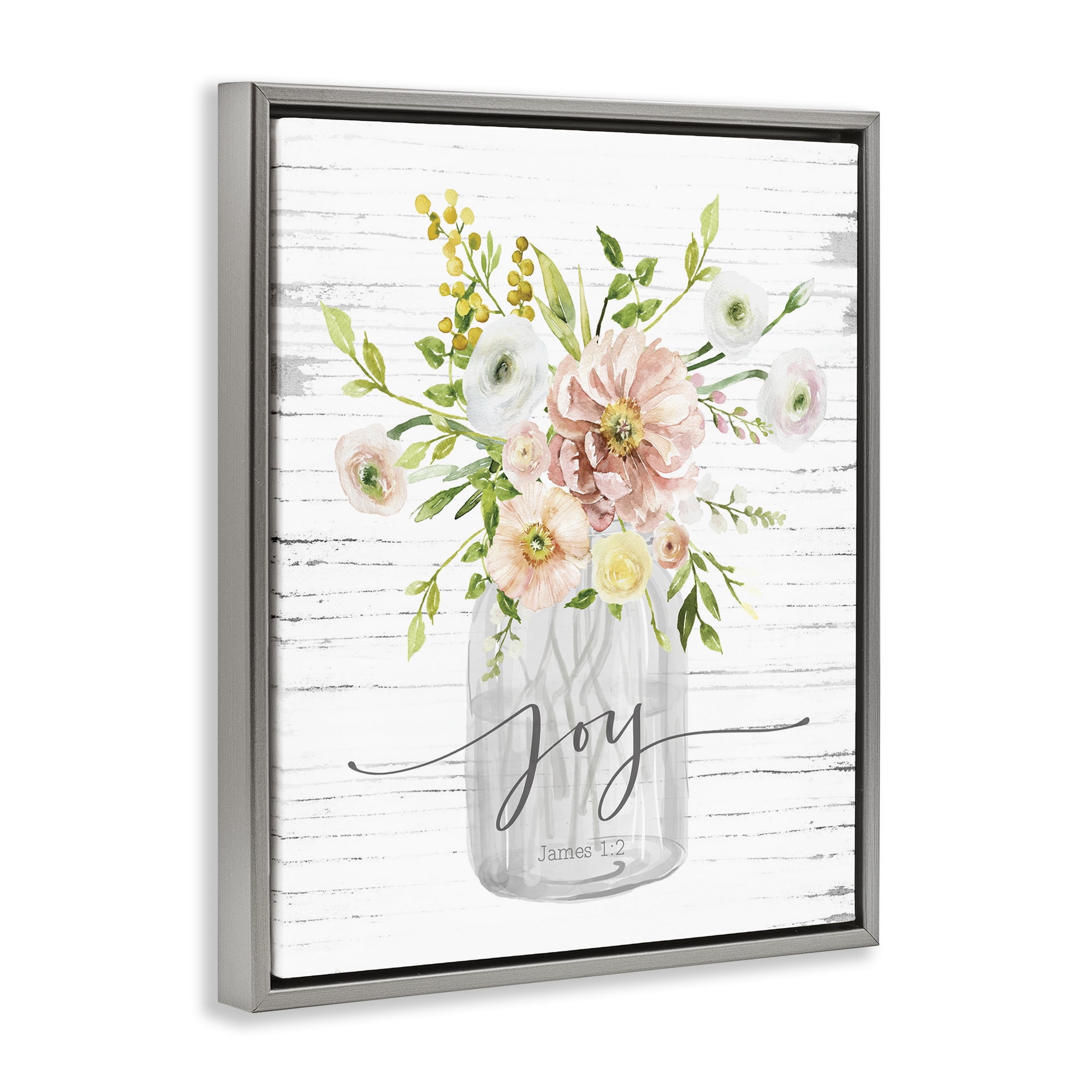 Stupell Industries Joy Mixed Bouquet Religious Painting Gray Floater Framed Canvas Art Print Wall Art, 17 x 21