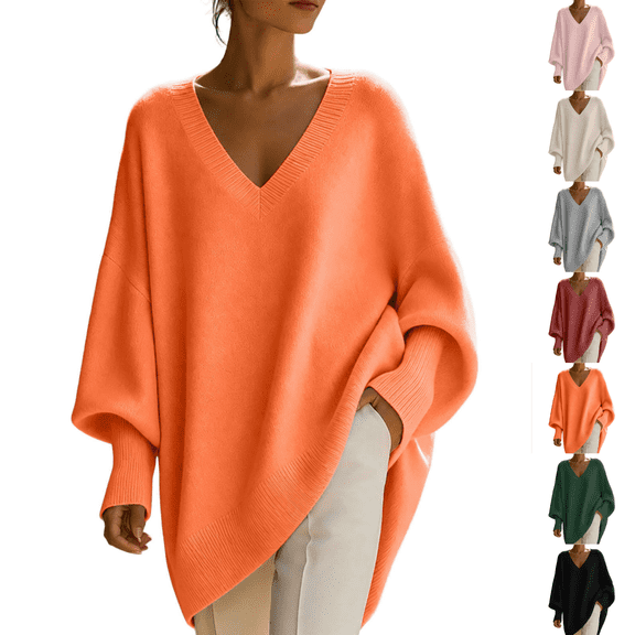 SeekIslan Women's Sweaters with V Neck Long Sleeve Loose Knit Poncho Pullover