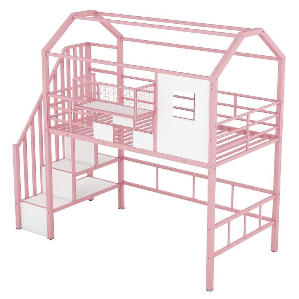 Yoneston Twin Size Loft Bed with Stairs and Storage Box, Heavy Duty Metal Loft Bed with Roof Design for Kids Teens, Pink