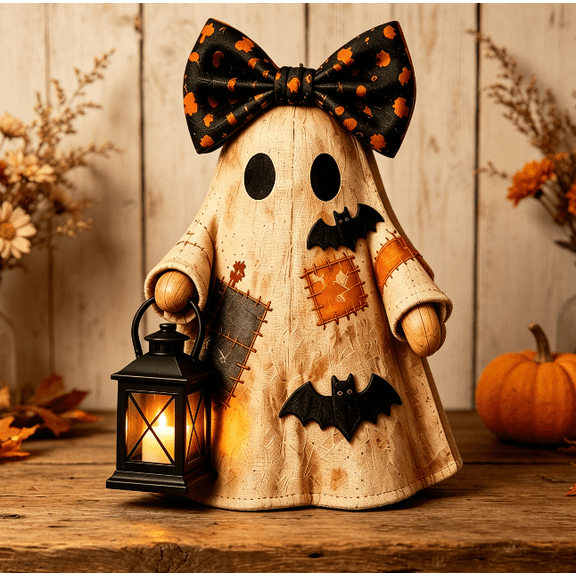 Distressed Retro Ghost Desktop Decor Patchwork Pattern Ghost Figure with Print Bow Lantern and Bat Accents Rustic Halloween Accent for Desk Shelf Display (D)
