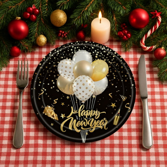 Costeam 20PCS Black Gold New Year Oval Paper Plates Disposable Dessert Cake Party Tableware