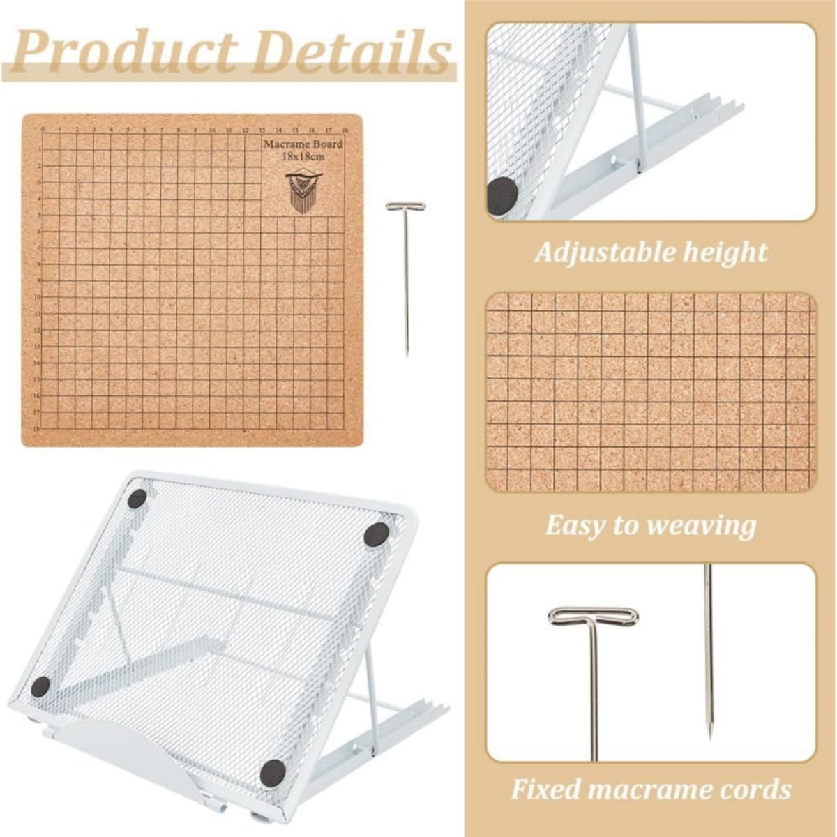 44 Pcs Macrame Board Set, Kvago Metal Adjustable Holder with 30 T Shaped Pins, Double Sided Gridss, Macrame Tools and Supplies for Bracelet Creating, Knotting Creations (7x7 inch)