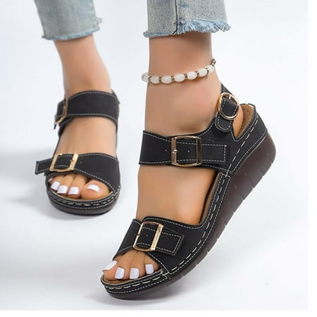 

jjayotai Women Shoes Clearance Women s Summer Fashion Casual Comfortable Sandals Solid Color Platform Wedge Metal Buckle Sandals Rollbacks Black