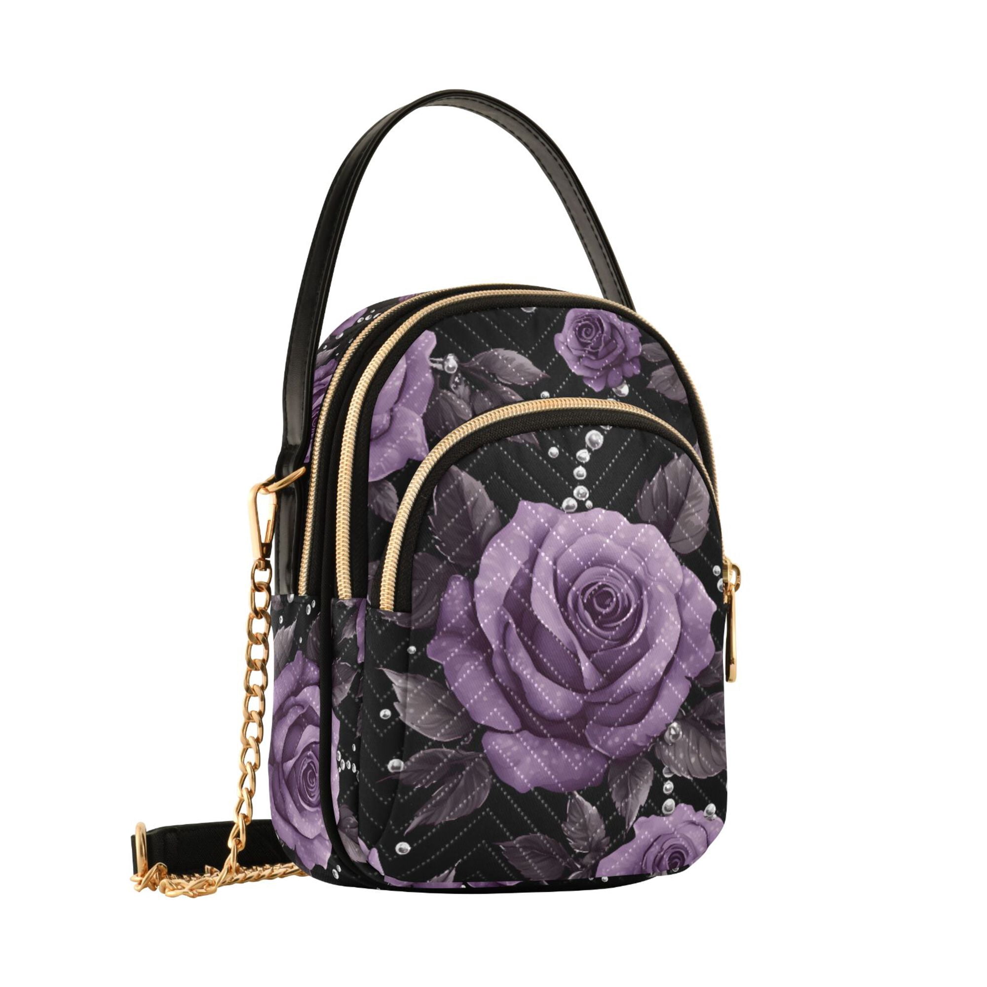 FORMRS Crossbody Bag for Women Quilted Travel Shoulder Cell Phone Purse with Chain Strap Handbag, Black Roses