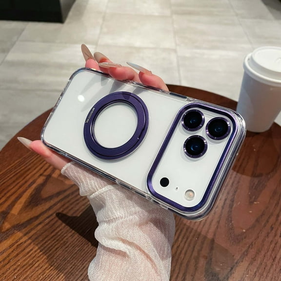 Allytechgroup Magentic Case for iPhone 16 with Ring Holder, Built-in Camera Lens Protector Clear Back Cover Anti-Yellowing Support Wireless Charging Shockproof Protective Bumper, Purple