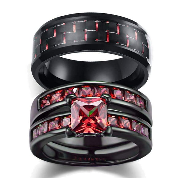 LOVERSRING Two Rings His and Hers Couple Ring Bridal Set His Hers 3pc Women Black Gold Filled Red Cz Man Stainless Steel Wedding Ring Band Set