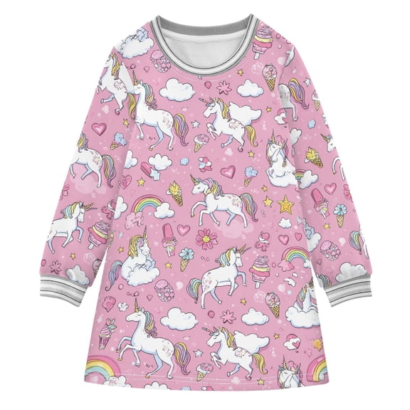 Girls' long-sleeved dress Unicorn White Fun Girls' A-line dress with ribbed cuffs Soft and comfortable