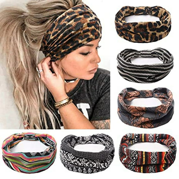 Dicasser Boho Turban Headbands for Women African Floral Wide Knotted Head Wraps, 6PCS