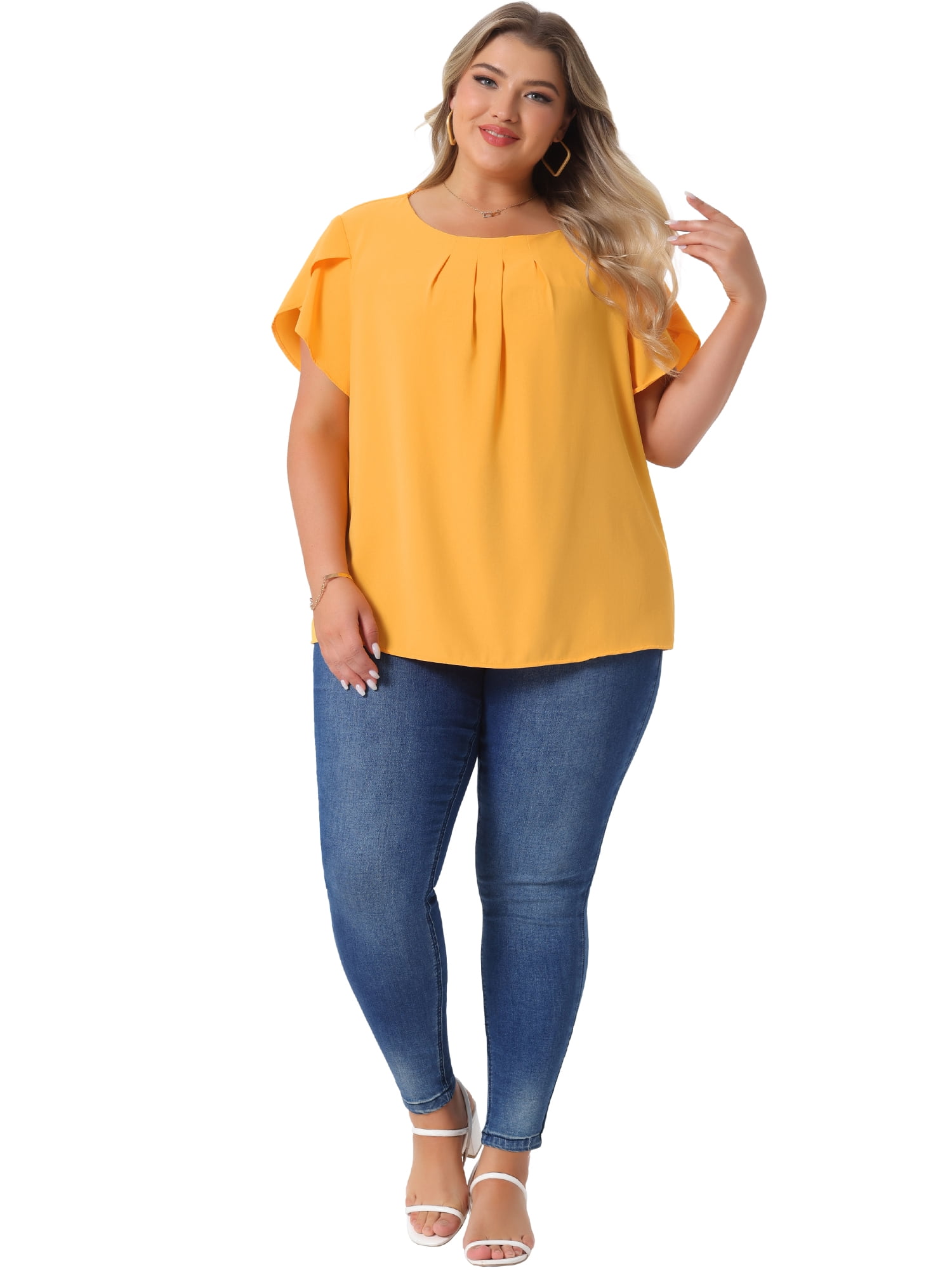 DARING DIVA Women's Plus Size Round Neck Pleated Tulip Sleeve Shirt Blouse 2X Yellow