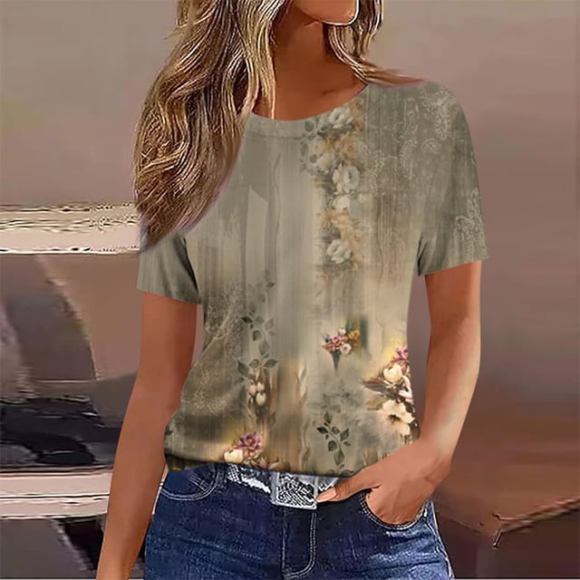Puntoco Liquidación de camisetas cortas para mujer Camiseta estampada informal y de moda para mujer con cuello redondo y manga corta