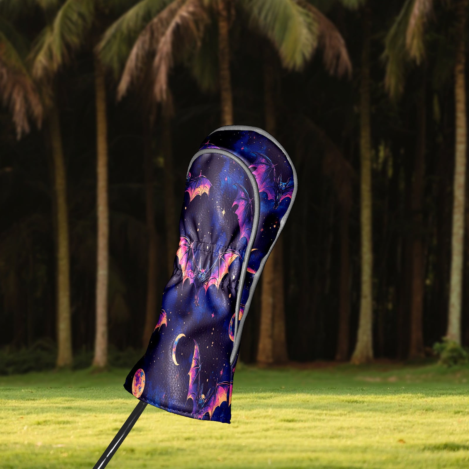 Golf Club Head Covers - Galaxy Purple Bat Design, Premium PU Leather Driver Hybrid Headcovers with Velvet Lining, Waterproof Golf Gifts for Men Women